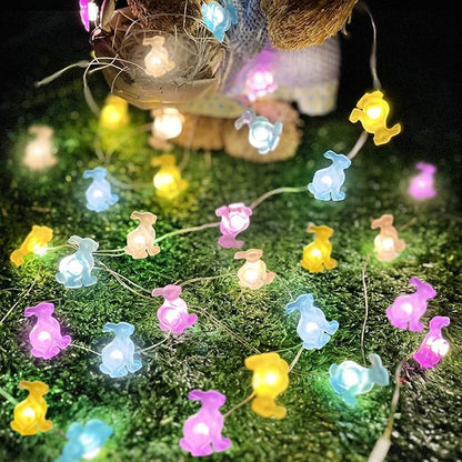 EXF Easter Decorations Bunny Pastel Fairy Lights, Battery Operated with Remote & 8 Modes & Timer, Waterproof Easter String Lights for Indoor Spring Themed Party Decor (Multi Color)