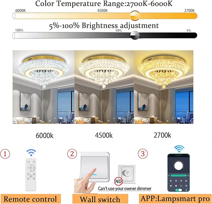 Modern Crystal Chandelier for Living Room, Modern Led Dimmable Gold Ceiling Light with Remote Control, 24in Flush Mount Crystal Chandeliers for Dining Room