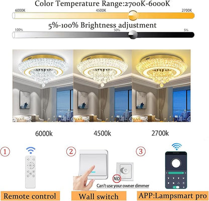 Modern Crystal Chandelier for Living Room, Modern Led Dimmable Gold Ceiling Light with Remote Control, 24in Flush Mount Crystal Chandeliers for Dining Room