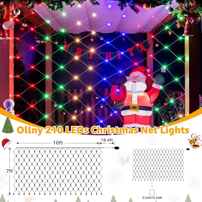 Ollny Net Lights Outdoor Mesh Light 10x7ft, 210LED Connectable Christmas Net Lights with 8 Modes, IP67 Waterproof Bush Light for Tree Wall Ceiling Outside Decorations, Multicolor