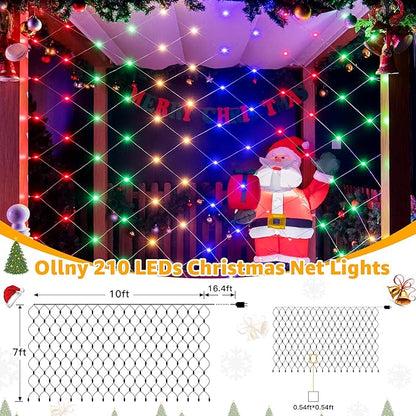 Ollny Net Lights Outdoor Mesh Light 10x7ft, 210LED Connectable Christmas Net Lights with 8 Modes, IP67 Waterproof Bush Light for Tree Wall Ceiling Outside Decorations, Multicolor