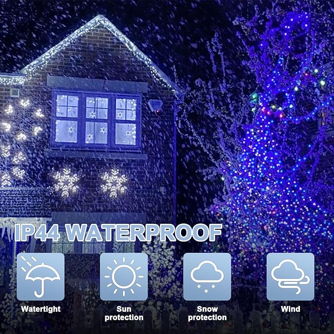LAMPHOME 66FT 100 LED Blue White String Lights, 16 Modes Plug In Mini Fairy Lights, Waterproof Outdoor Christmas Lights for Hanukkah Xmas Tree Garland Bedroom Ocean Party July 4th Patriotic Decoration