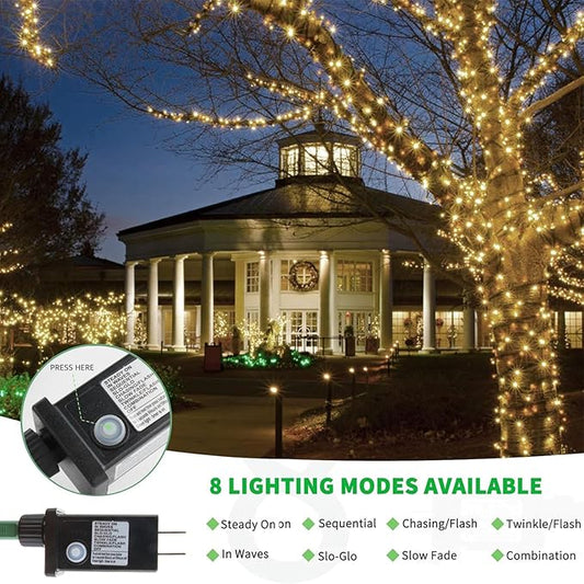 Tcamp 306FT 1000 LED Christmas Lights, 8 Modes Christmas Tree Lights with Timer Memory Function, Green Wire Starry Fairy String Light for Tree Halloween Outdoor Indoor Decor (Warm White)