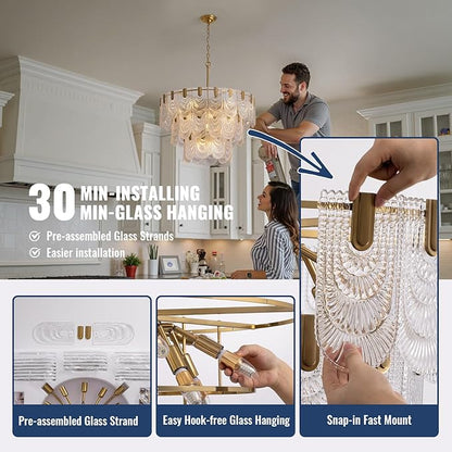 31.5-inch Glass Chandelier,Gold Glass Kitchen Island Lights,16-Light Dining Room Hanging Pendant Light Fixture for Living Room, Bedroom,Foyer, Bathroom,Entryway, Brass Finish, D31.5 xH34.6