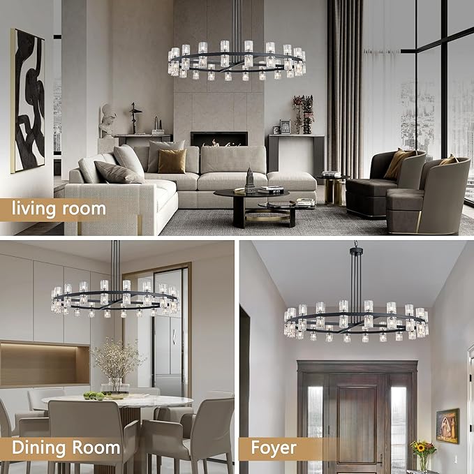 48" Black Wagon Wheel Crystal Chandelier, Modern Round Chandelier for Dining Room Table, K9 Crystal Ceiling Chandelier for Living Room Entryway Foyer, Includes 40× G4 Bulbs
