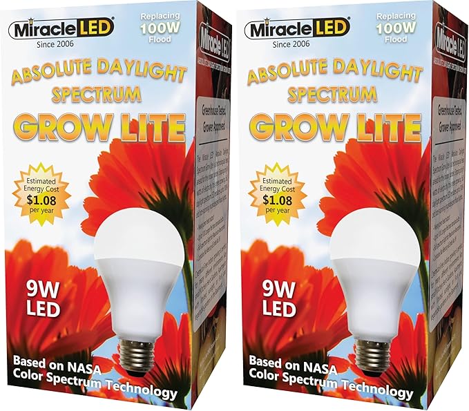 Miracle LED Absolute Daylight Spectrum Grow Lite - Replaces up to 100W - Full Spectrum Hydroponic LED Plant Growing Light Bulb for Greenhouse, Garden, and Indoor (605088) (Pack of 2)