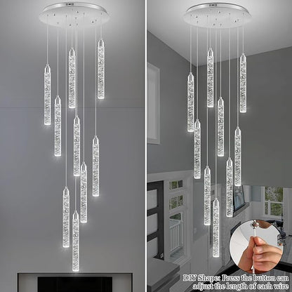 Crystal Staircase Chandelier, Modern Chrome Spiral Dimmable LED Cluster Raindrop Foyer Chandelier Lighting, Bubble Living Room Hanging Light Fixture 9 Light Remote Control