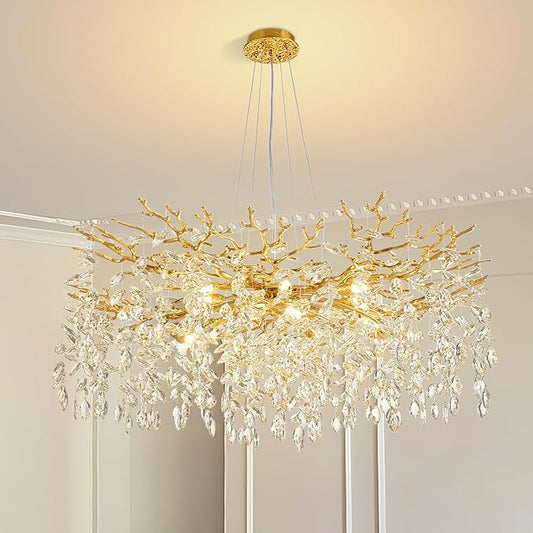 Modern Tree Branch Crystal Chandelier 40" Gold Luxury Large Pendant Lighting 15-Light Contemporary K9 Crystal Chandeliers for Dining Room Kitchen Living Room Foyer Entryway (Gold, D40-Round)