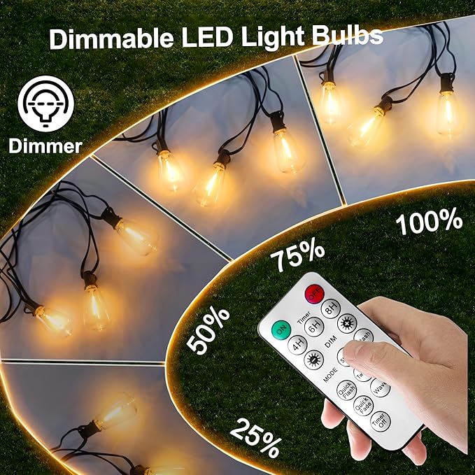 BLIATLUS 120FT Solar String Lights Outdoor Waterproof with Remote Control 30+2 Shatterproof LED ST38 Bulbs for Porch Garden Market Bistro Patio Backyard Fence