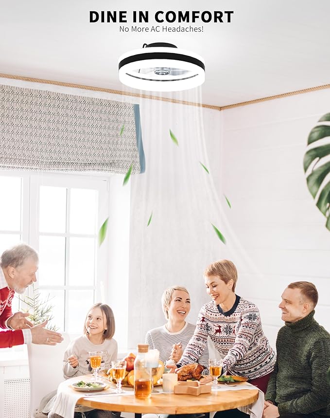 Simple Deluxe Ceiling Fan with Light 20in Low Profile Ceiling Fans with Lights and Remote Dimmable with 6 Wind Speeds Flush Mount Fandelier LED Fan Light Modern Smart for Bedroom, Black