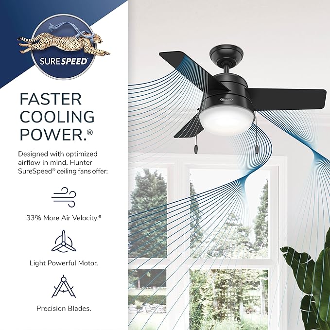 Hunter 36 inch Small Indoor Ceiling Fan with LED Light and Pull Chain - Modern Ceiling Fan, Standard Mount, 3 Blades, For Bedroom, Home Office, or Laundry Room, Quiet - Aker 59303, Brushed Nickel