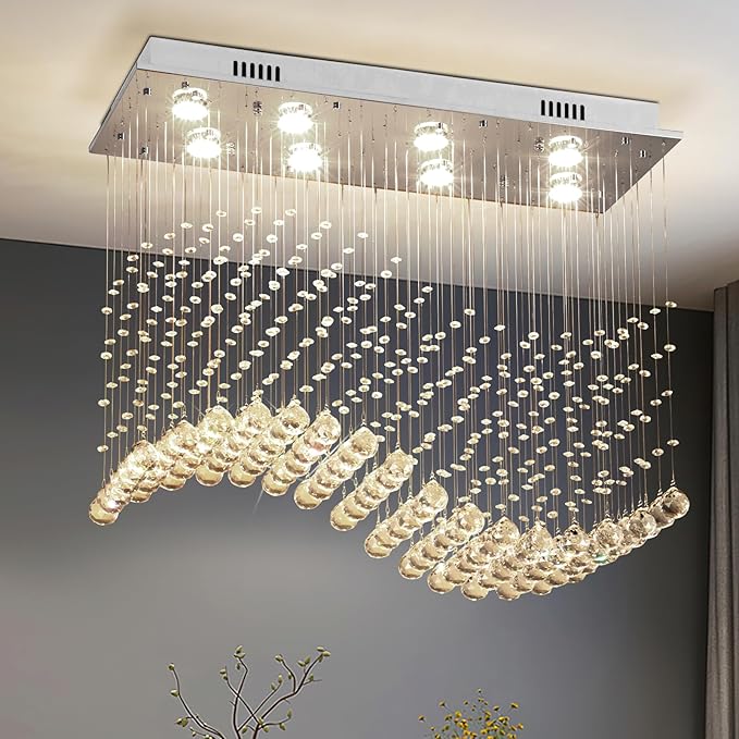 Depuley Modern K9 Crystal Chandelier, 8-Light Rectangle Flush Mount Ceiling Light, Wave Raindrop Crystal Pendant Lighting for Dining Room Kitchen Living Room Bedroom, L31.5'' x W11.8'' x H27.5'