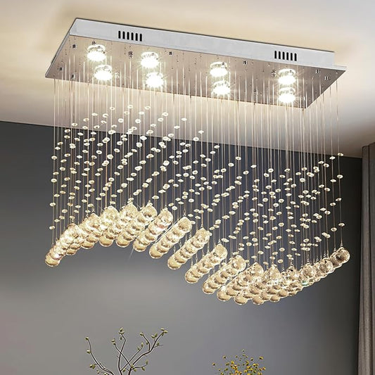 Depuley Modern K9 Crystal Chandelier, 8-Light Rectangle Flush Mount Ceiling Light, Wave Raindrop Crystal Pendant Lighting for Dining Room Kitchen Living Room Bedroom, L31.5'' x W11.8'' x H27.5'
