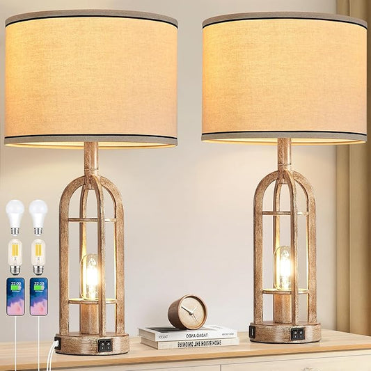 SRJJA Farmhouse Table Lamps for Living Room End Table Set of 2 - Rustic Bedside Lamps for Bedroom Nightstand with Night Light & USB A+C, Bulbs Included