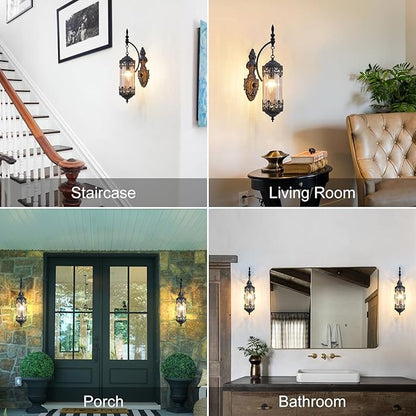 Vintage Wall Sconce with Amber Glass Shade, Rustic Black Farmhouse Wall Light Fixture, Antique Gothic Decorative Metal Wall Lamp for Hallway, Bedroom, Living Room, Entryway