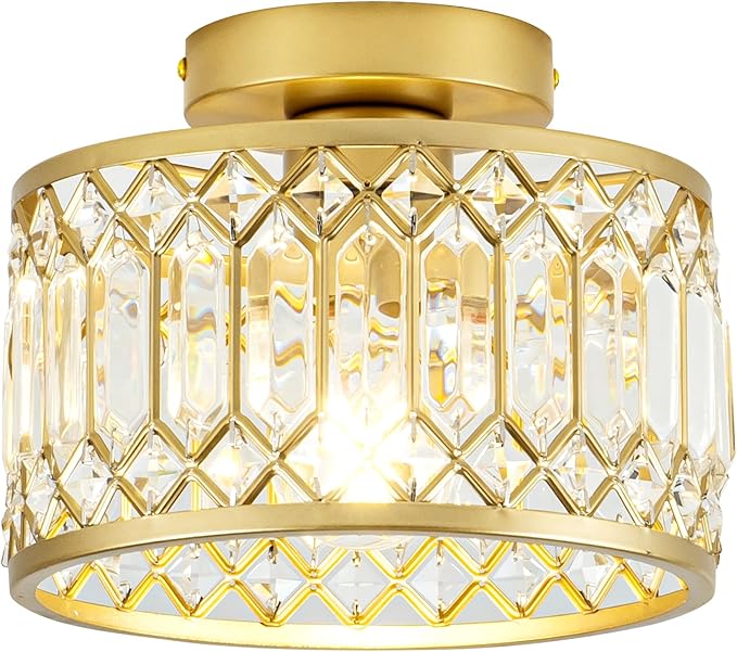 Rpzloila Crystal Ceiling Light, Modern Semi Flush Mount Ceiling Light, Gold Crystal Chandelier for Kitchen Bedroom Bathroom Entryway (Bulb not Included)