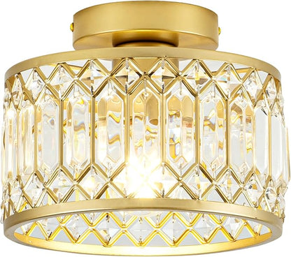 Rpzloila Crystal Ceiling Light, Modern Semi Flush Mount Ceiling Light, Gold Crystal Chandelier for Kitchen Bedroom Bathroom Entryway (Bulb not Included)