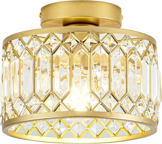 Rpzloila Crystal Ceiling Light, Modern Semi Flush Mount Ceiling Light, Gold Crystal Chandelier for Kitchen Bedroom Bathroom Entryway (Bulb not Included)