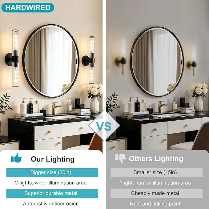 Bathroom Light Fixtures 2 Pack Hardwired, Black Wall Sconce Threaded Glass Vanity Light Featuring Two E26 sockets, Bathroom Wall Light Dimmable - Bulb Not Included, UL Certification