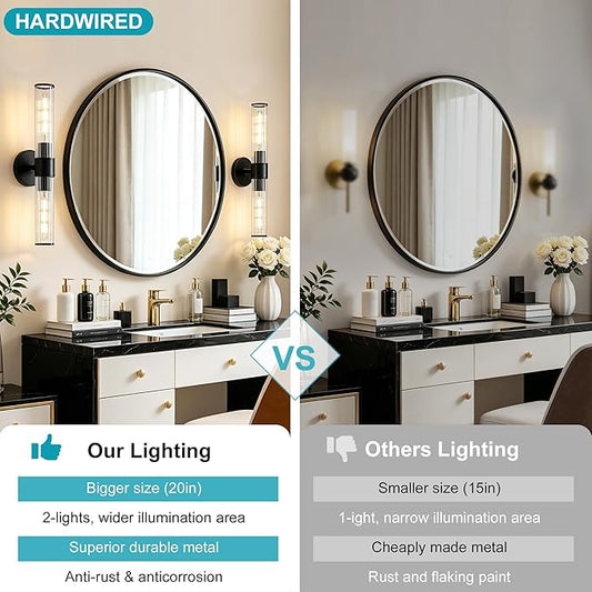 Bathroom Light Fixtures 2 Pack Hardwired, Black Wall Sconce Threaded Glass Vanity Light Featuring Two E26 sockets, Bathroom Wall Light Dimmable - Bulb Not Included, UL Certification