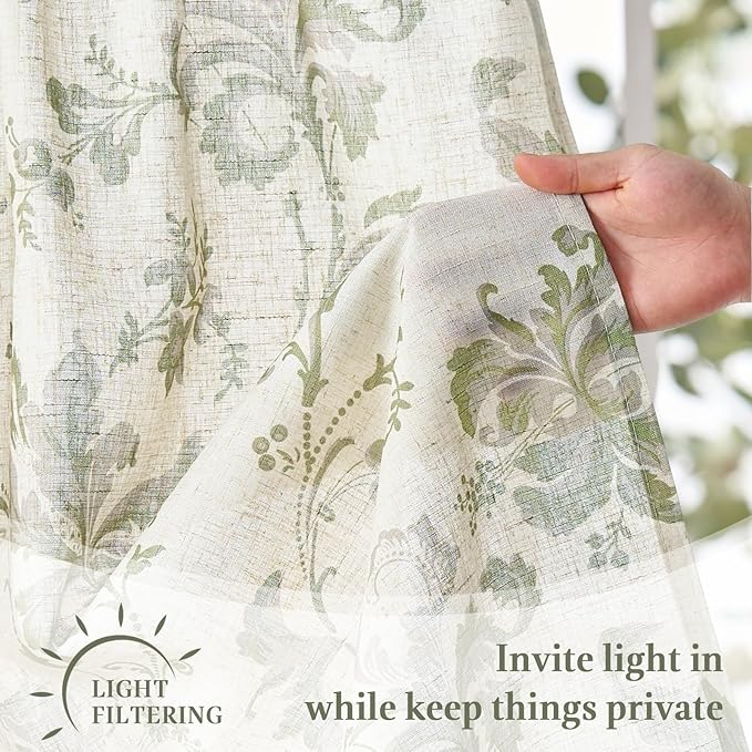 jinchan Linen Kitchen Curtains 36 Inch Vintage Floral Tier Curtains Farmhouse Cottage Cafe Rod Pocket Country Small Window for Laundry Room Bathroom RV 2 Panels Green on Beige