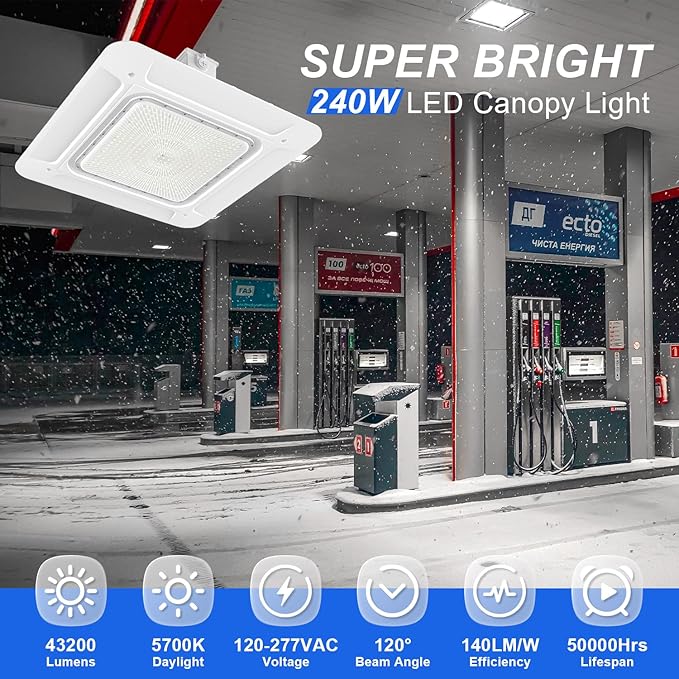 240W LED Canopy Light, 43200LM 5700K Daylight, Surface Mount LED Gas Station Light (1000W HID/HPS Equivalent), Commercial Parking Garage Ceiling Lighting, IP65 Waterproof, 100-277VAC, UL Listed