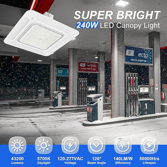 240W LED Canopy Light, 43200LM 5700K Daylight, Surface Mount LED Gas Station Light (1000W HID/HPS Equivalent), Commercial Parking Garage Ceiling Lighting, IP65 Waterproof, 100-277VAC, UL Listed