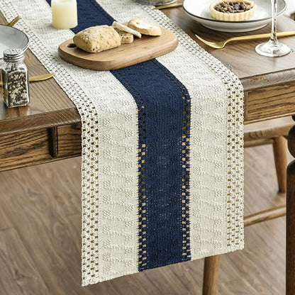Artoid Mode Dark Blue Farmhouse Rustic Table Runner, Seasonal Holiday Hollow Kitchen Dining Table Decoration for Home Party Decor 12x60 Inch