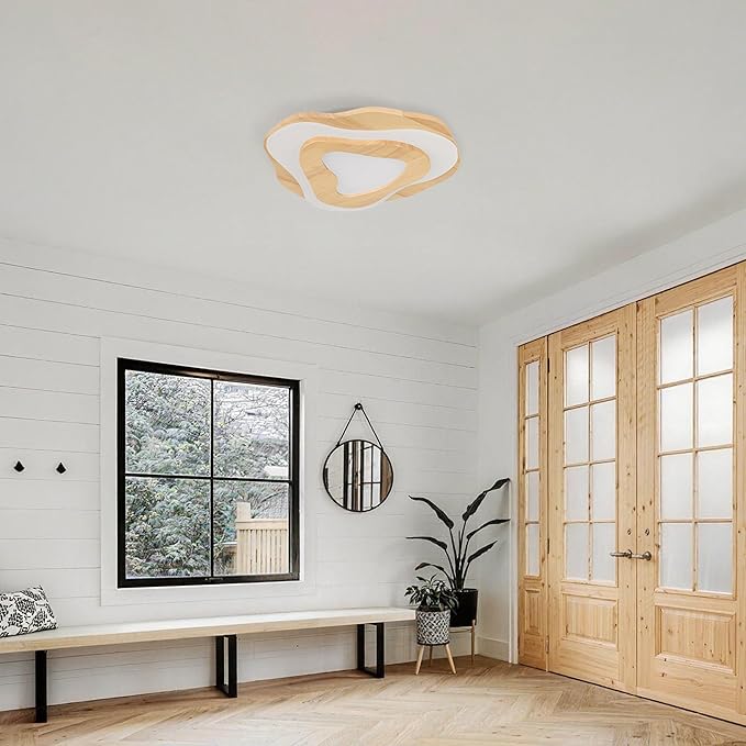 Littleglovo 15.7" Modern Flush Mount LED Chandelier for Dining Room, Natural Wood Petal Energy Chandeliers Ceiling Light for Entryway Bedroom Foyer Kitchen Living Room Bathroom