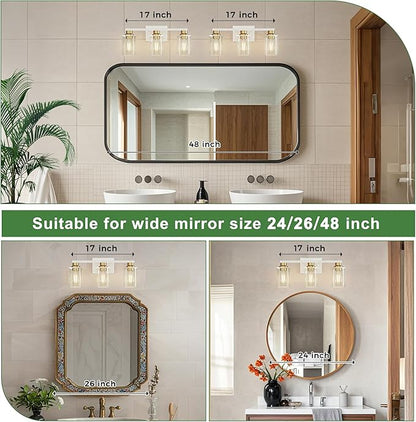 DORESshop 17 Inch Bathroom Light Fixtures, 3-Light White and Gold Bathroom Lighting Fixtures Over Mirror with Clear Glass Shade, Vanity Lights for Living Room Bedroom