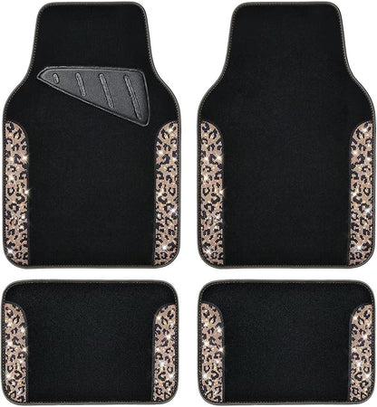 CAR PASS Bling Diamond Car Floor Mats, Shining Rhinestone Carpet Sparkly Glitter Crystal with Anti-Slip PVC Heel Pad Waterproof Universal Fit Automotive SUV,Sedan,Van,Cute Girl Women,4pcs Gold Leopard