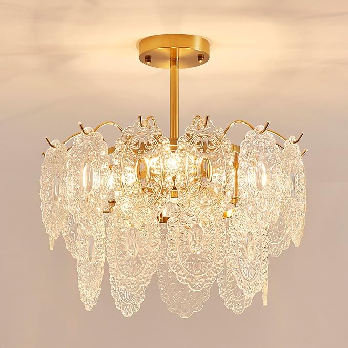 AGV LIGHTING Elegant Glass Chandelier Ceiling Light Fixture, Large Semi Flush Mount Ceiling Light, Modern Vintage Lighting for Bedroom, Living Room, D18 x H10, 2- Tier Shade & Brass Gold Finish
