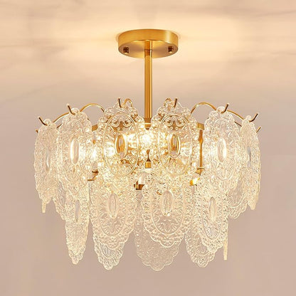 AGV LIGHTING Elegant Glass Chandelier Ceiling Light Fixture, Large Semi Flush Mount Ceiling Light, Modern Vintage Lighting for Bedroom, Living Room, D18 x H10, 2- Tier Shade & Brass Gold Finish