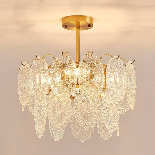 AGV LIGHTING Elegant Glass Chandelier Ceiling Light Fixture, Large Semi Flush Mount Ceiling Light, Modern Vintage Lighting for Bedroom, Living Room, D18 x H10, 2- Tier Shade & Brass Gold Finish