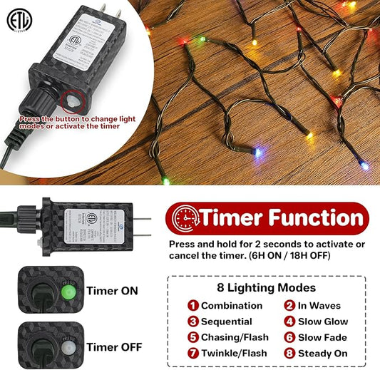 Extra Long 132ft Christmas Decorative Mini Lights, 400 LED Green Wire Fairy Starry String Lights Plug in, Timer & Memory & 8 Modes, for Indoor Outdoor Xmas Tree Wedding Party Decoration, Multicolor