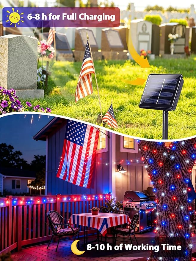 4th of July Decorations Outdoor, 4pk Red White and Blue Solar String Lights, 8 Modes 400LED 132FT Solar Fairy Twinkle Lights Waterproof for Independence Day Garden Tree 250 Anniversary USA Decoration