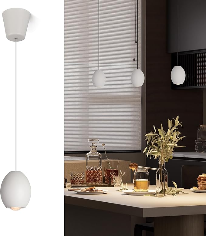 Aisilan Modern Dimmable Pendant Light, 7W LED Adjustable Hanging Light for Kitchen Island, Bedroom, Dining Room, Bar, 3000K, CRI 97+, Matte White, Triac Dimmable with Pulley Lifting System