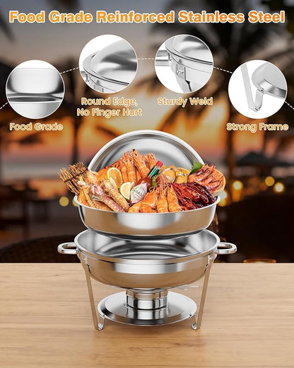 GarveeHome Chafing Dish Buffet Set 2 Pack, 5 QT Round Stainless Steel Chafer and Food Warmers With Food & Water Pan, Lid, Frame, Fuel Holder for Catering, Parties, Events, Wedding, Camping, Dinner