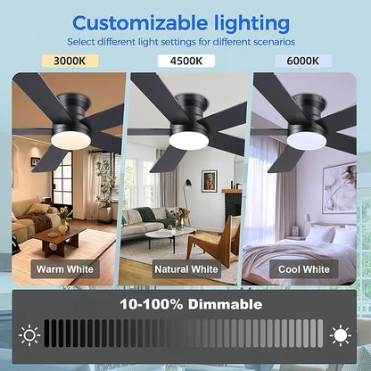 Ayaoty Ceiling Fans with Lights - 48" Black Flush Mount Ceiling Fan Light with 6 Speeds 3CCT Dimmable, Revesible Motor, Low Profile Fan Light for Modern Indoor Bedroom, Kitchen