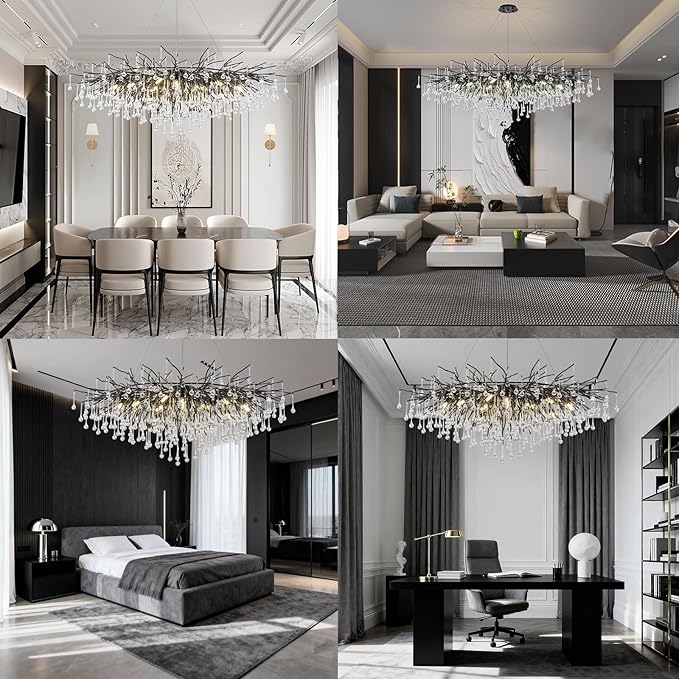 Black Crystal Chandelier for Dining Room,L47.24in Rectangular Modern Chandeliers Raindrop Lights,Tree Branch Chandelier Light Fixture for Kitchen Island,Entryway 13-Light