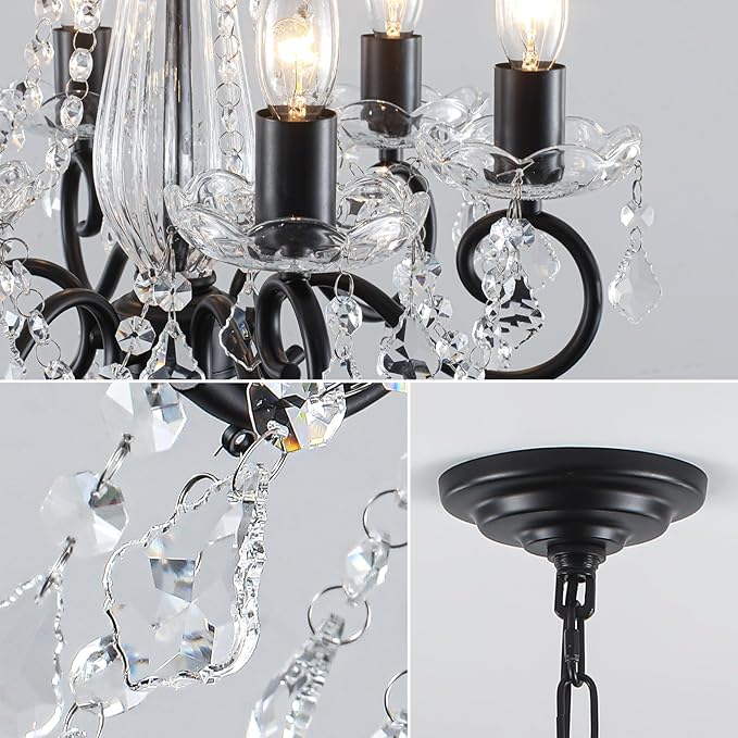 Black Crystal Chandelier, 6-Light European Candle Style Pendant Light, Luxury Decorative Ceiling Light for Living Room Dining Room Bedroom