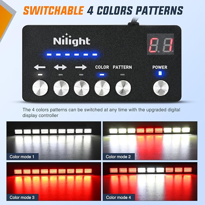 Nilight 162 LED Traffic Advisor Strobe Light Bar 2-in-1 Red White Emergency Warning Hazard Lights with Controller 4 Switchable Color 36 Flash Pattern for Trucks Cars Tow Plow Construction Vehicles