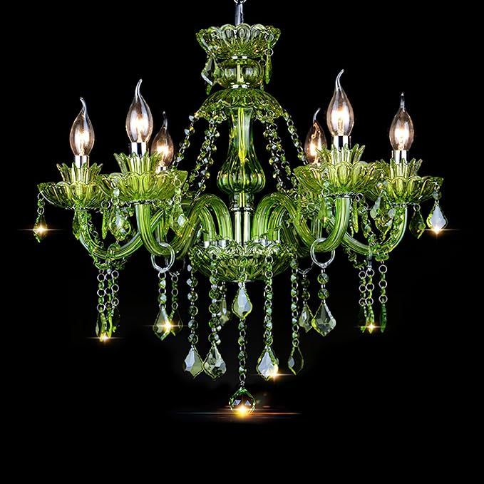 Bagood 6 Lights Green K9 Crystal Candle Chandeliers Lighting Modern Pendant Lights Ceiling Fixture Lamp for Dining Living Room Bedroom Hallway Entry Elegant Decoration E12 Base, H20.5 x W23.6 Inch