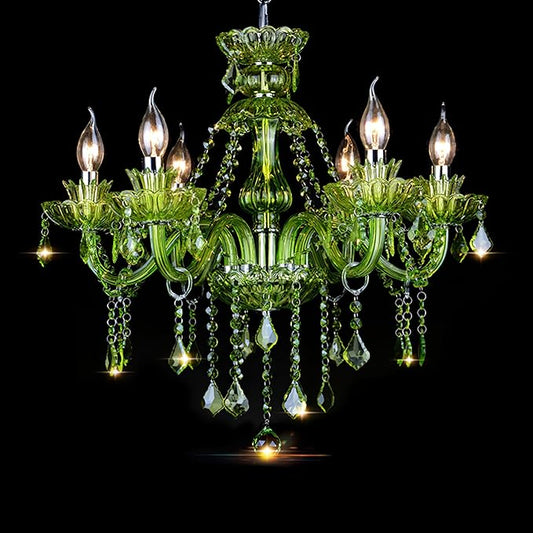 Bagood 6 Lights Green K9 Crystal Candle Chandeliers Lighting Modern Pendant Lights Ceiling Fixture Lamp for Dining Living Room Bedroom Hallway Entry Elegant Decoration E12 Base, H20.5 x W23.6 Inch