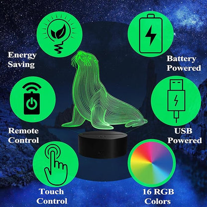 Seal 3D Night Light, Seal Gifts with Remote Control, 16 RGB Colors, 4 Flashing Modes, Timer, Dimmable, Seal Animal Toys, Stuff and Ornament for for Holiday Birthday Christmas