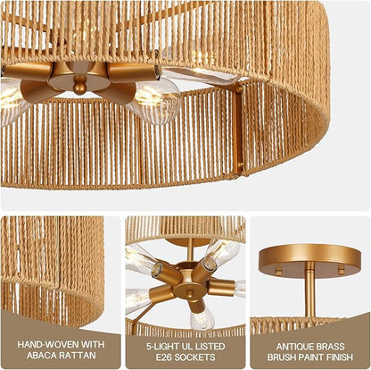 24" Natural Rattan Flush Mount Ceiling Light Fixture, 5-Light Gold Hand-Woven Wicker Boho Chandelier for Bedroom, Living Room, Dining Room, Kitchen, Rustic Lamp for Hallway and Entryway