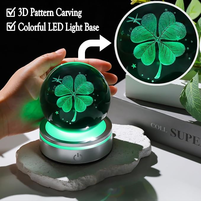 Crystal 3D Four-Leaf Clover 3.15in Ball Figurine Good Luck Gifts for Women on Birthday, Collectible Glass Plants Art for Room with LED Light Base, Lucky Keepsakes for Him Home Decor Paperweight