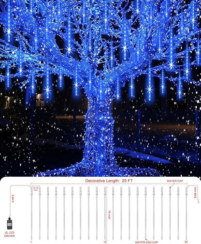 EAGWELL Christmas Lights Outdoor, 20 Inch 20 Tubes 1080 LED Blue Meteor Shower Lights, Cascading Snow Falling Icicle for Xmas Tree Yard Halloween Wedding Party Decor