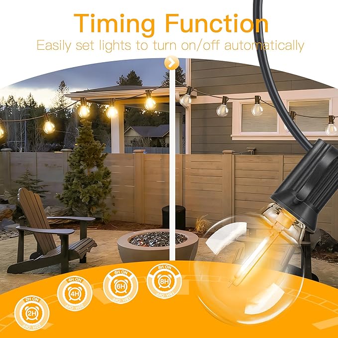 50FT Outdoor String Lights with Remote Dimmer, 25 + 2 Spare Led G40 Bulbs Connectable Dimmable Balcony Lights, Support Timer Waterproof Shatterproof for Patio Porch Garage Cafe