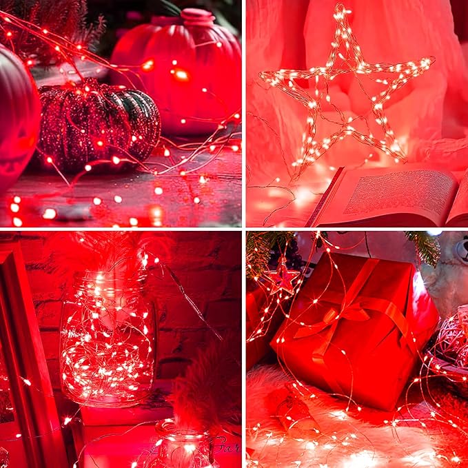 1Pack USB Plug in Fairy String Lights,16ft 50 LED Copper with Remote and Timer, 8 Modes Waterproof Twinkle String Lights Battery Powered for Bedroom Indoor Party Wedding Christmas Decoration (Red)